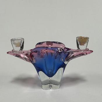 Kerzenhalter - blaues Glas, Rosaglas - 1960
